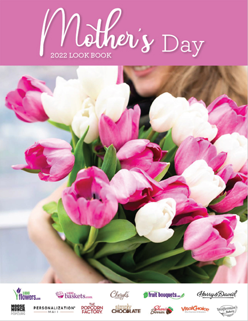 A woman holding a large bouquet of white and pink tulips from the cover of the 2022 Mother's Day Look Book