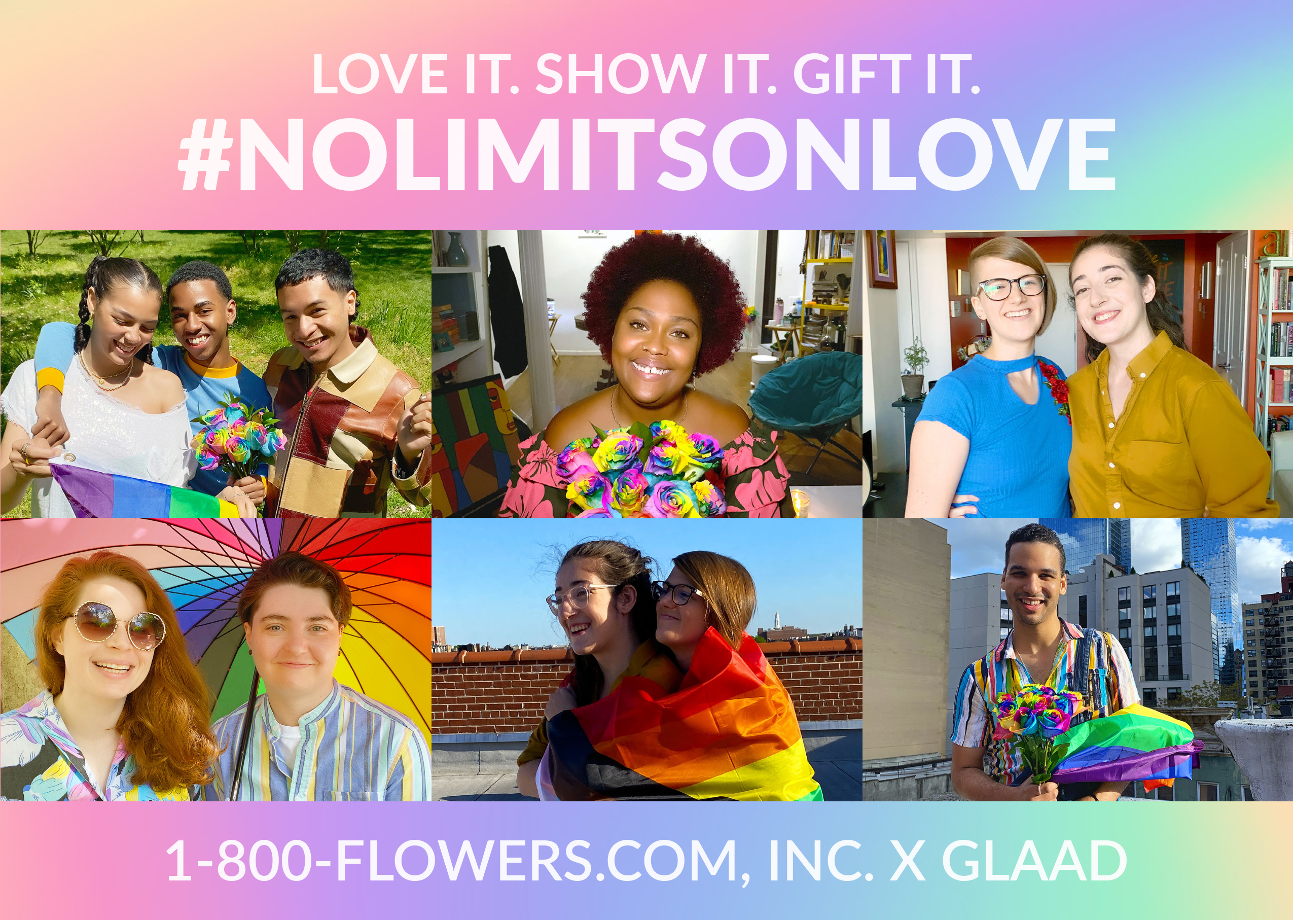 A collage of smiling people with some holding or wearing rainbow items as part of the 1-800-Flowers.com Pride campaign with GLAAD
