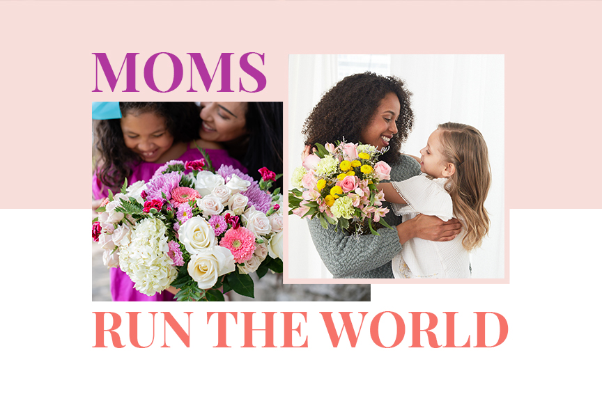 Two women and their daughters hugging and sharing floral bouquets from the 1-800-Flowers.com Moms Run the World campaign