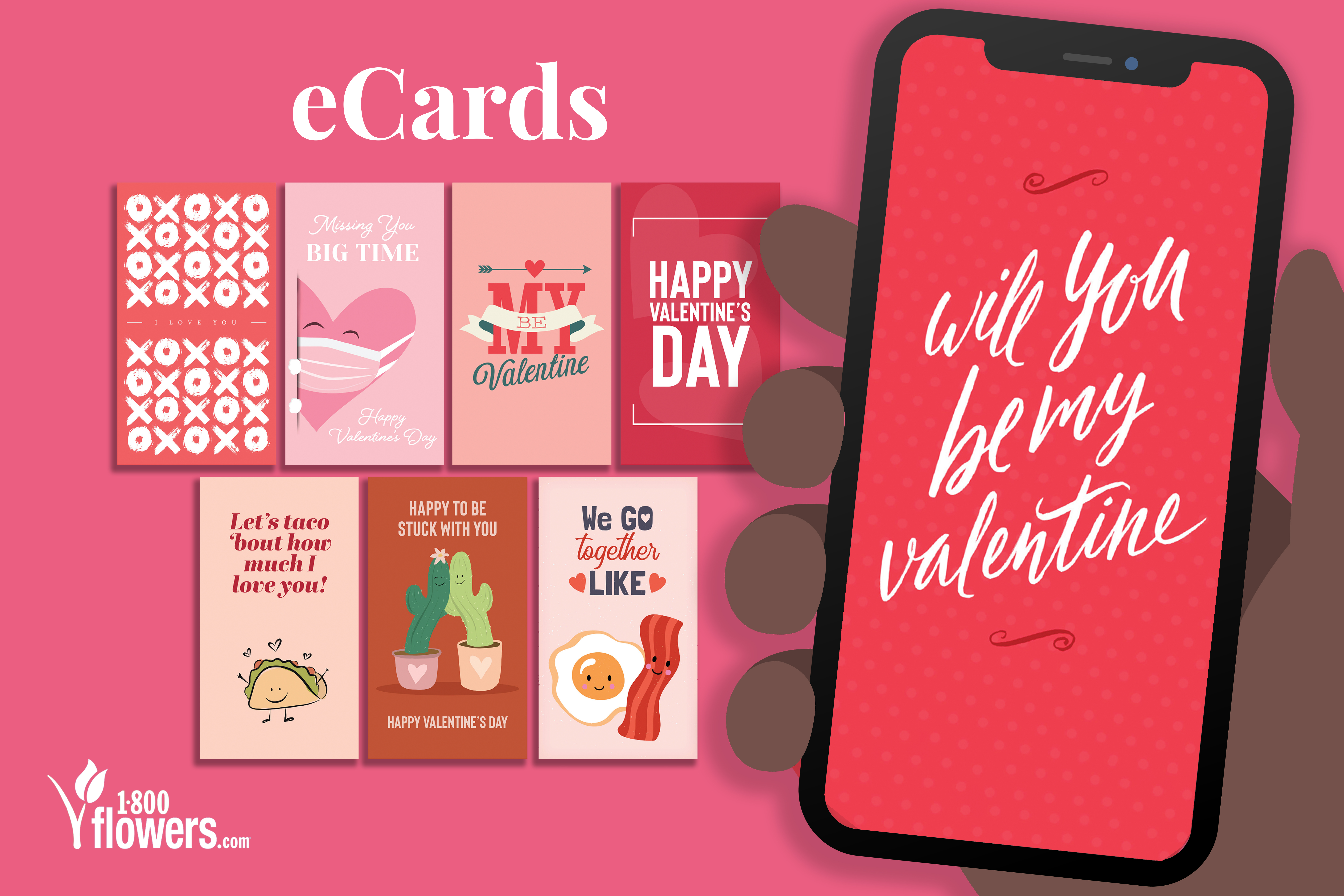 A display of 1-800-Flowers.com Valentine's Day eCards next to a smartphone with an eCard displayed on its screen