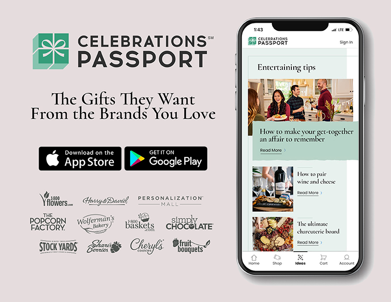 A smartphone with the Celebrations Passport® Mobile App on its screen next to logos of the 1-800-Flowers.com Inc family of brands