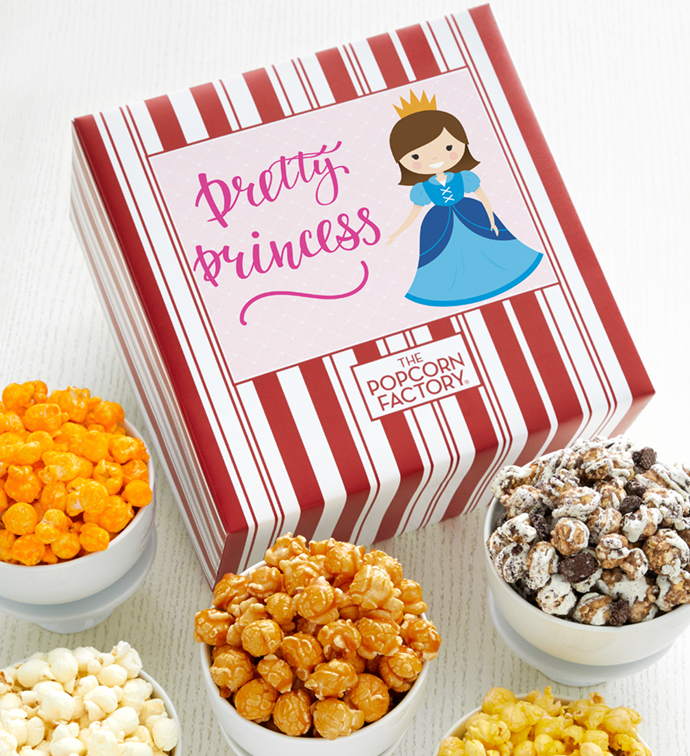 A Packed with Pop box of popcorn from The Popcorn Factory, with different flavors presented in bowls around the box