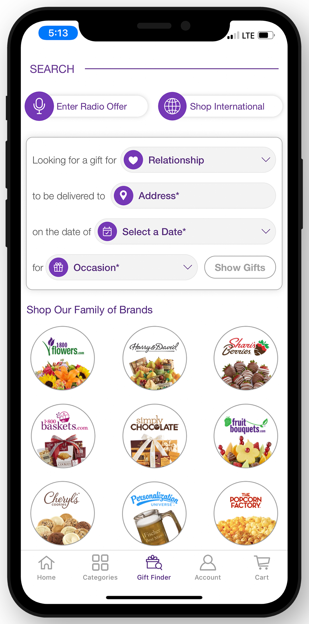 A smartphone showing the Gift Finder feature on the 1-800- Flowers.com mobile app