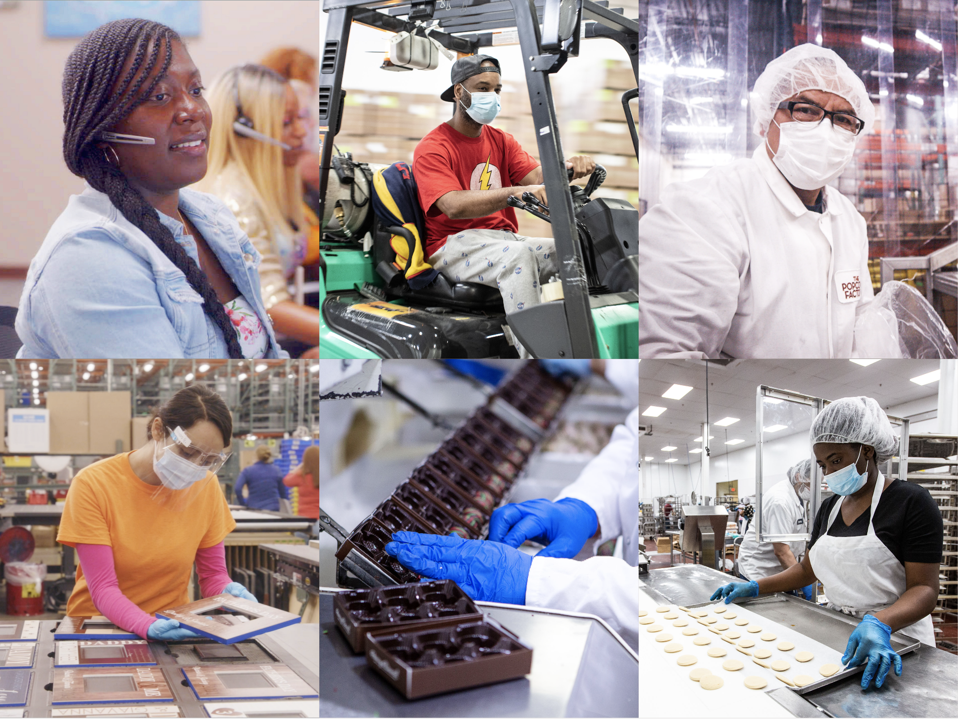 A collage of employees doing different jobs, including customer service, production, and baking