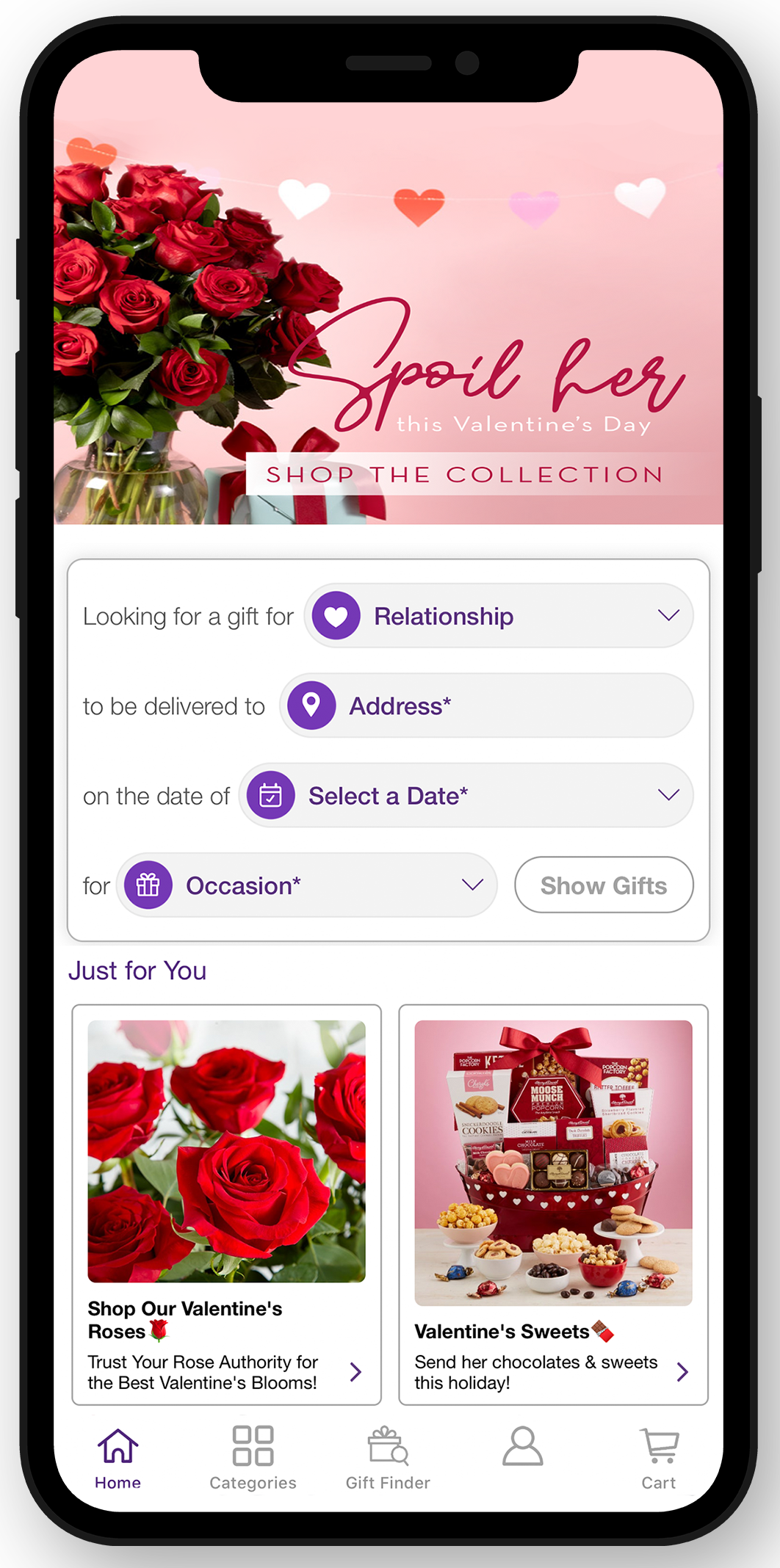 A smartphone showing the edesigned 1-800- Flowers.com mobile app 