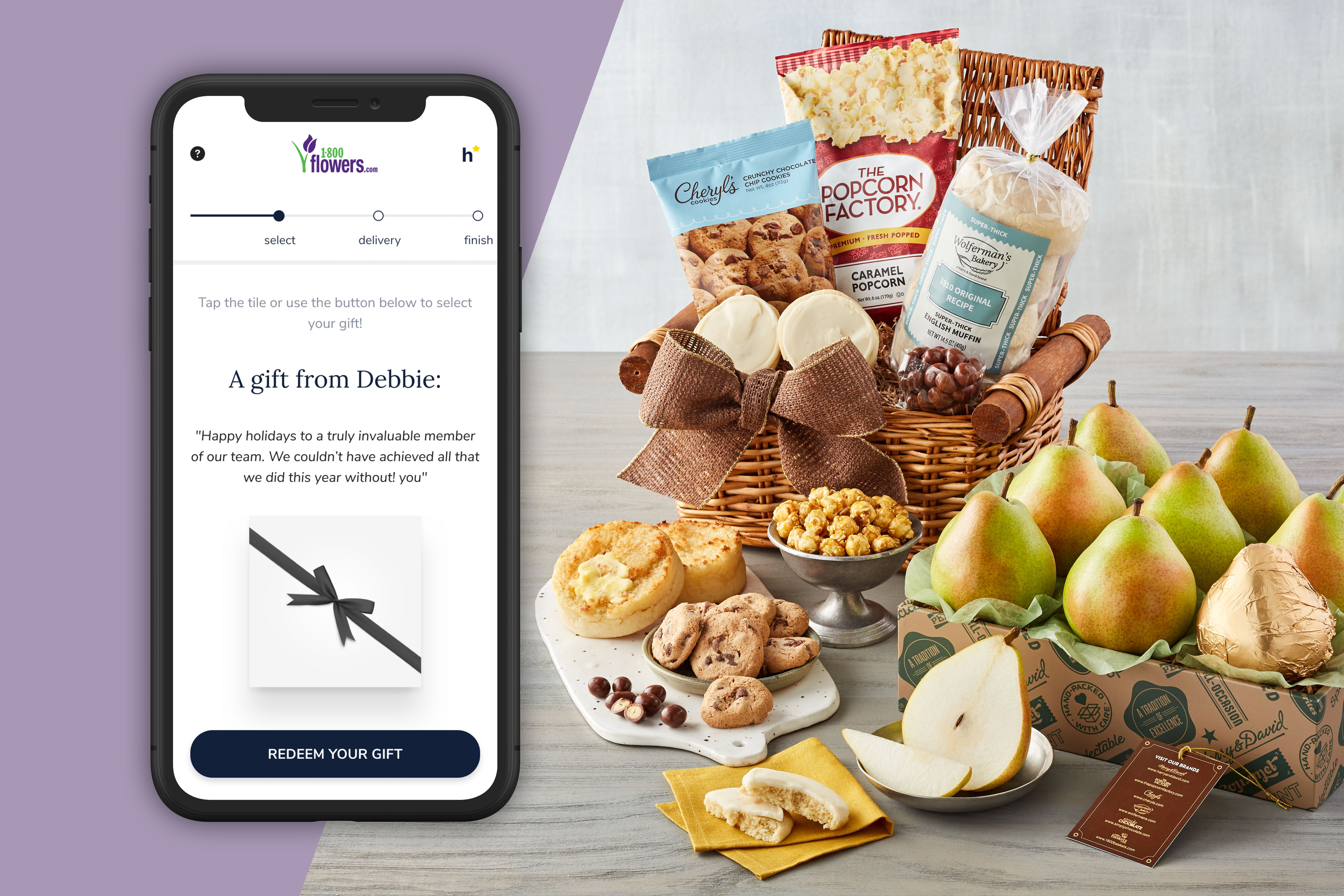 A smartphone showing the recipient experience using SmartGift with 1-800-Flowers.com next to a gift basket with a variety of the company's products