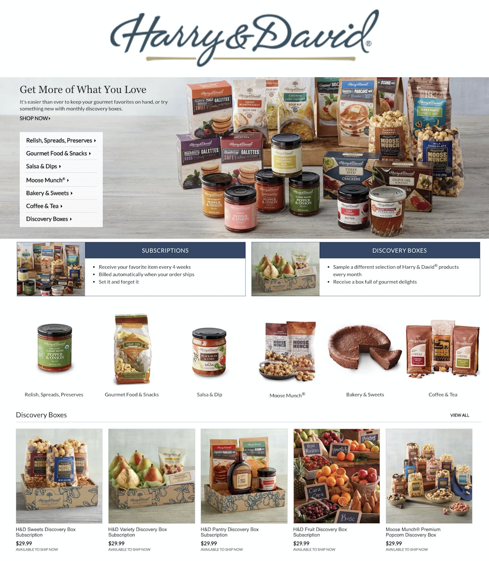The Harry & David Subscriptions Landing Page with information about subscriptions plans and images of their gourmet food items