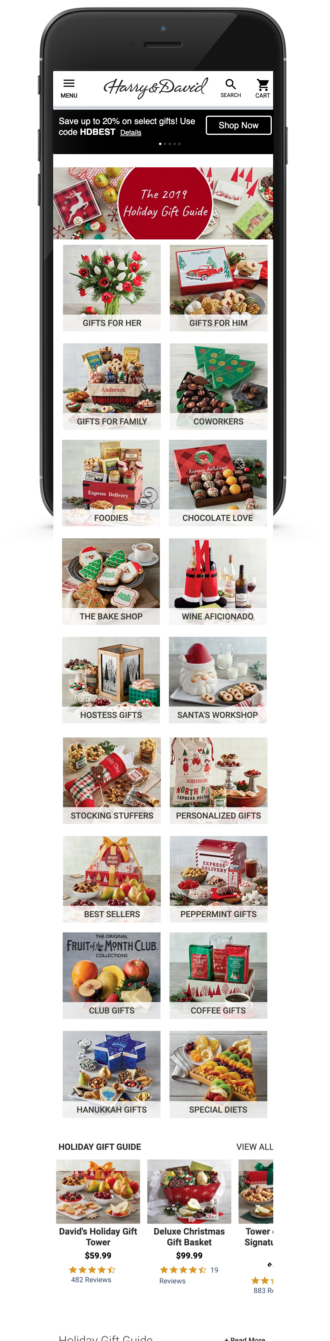 A smartphone with the PWA Mobile Website Gift Guide Page on the Harry & David App