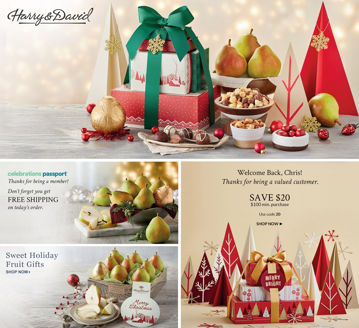 The Harry & David Personalized Customer Homepage with imags of gourmet food and holiday gifts