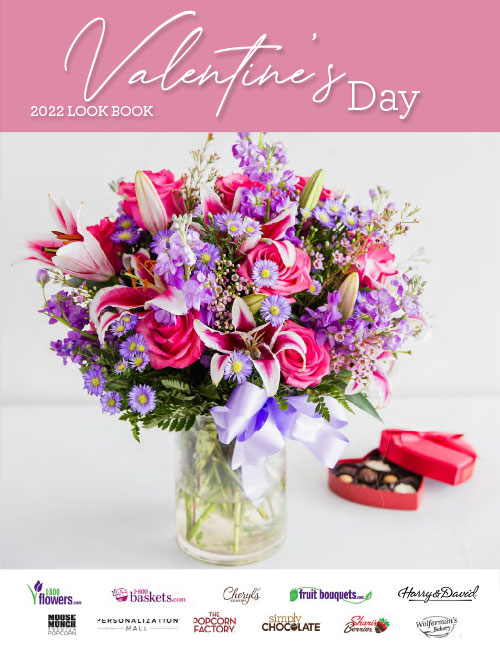 The cover of the 2022 Valentine's Day Look Book showing a bouqet of mixed pink and purple flowers next to a heart-shaped box of chocolates