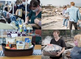A collage of team members from Harry & David working together to donate essential items following the Almeda wild fires