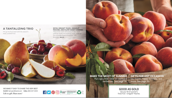 A spread from the Harry & David catalog showing peaches and pears