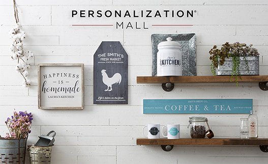 A wall of PersonlizationMall.com products in a kitchen setting